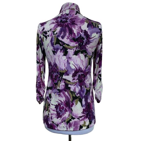 Chico's Easywear Bold Floral Open Front Jacket Sz 0 (XS-S) Ruched 3/4 Sleeves - Picture 5 of 6